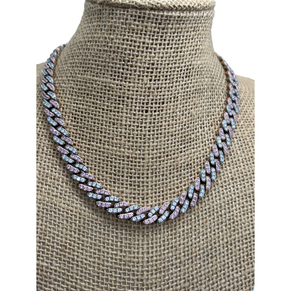 Rhinestone Cuban Link Chain Necklace Clear Pink Crystals Choker Collar 15" READ